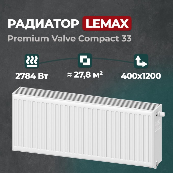 Стальной панельный радиатор Lemax Premium Valve Compact 33 400 1200 () 157131