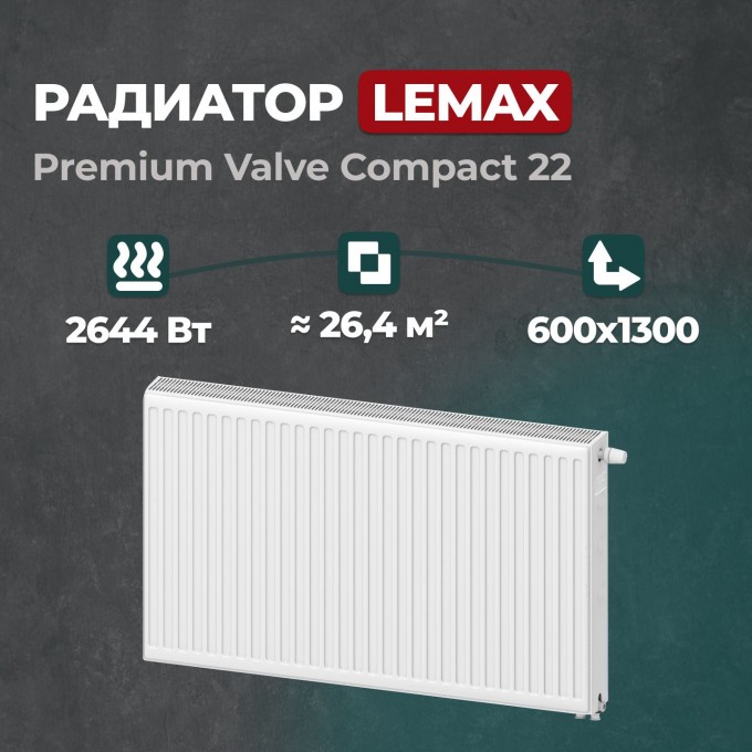 Стальной панельный радиатор Lemax Premium Valve Compact 22 600 1300 () 157207